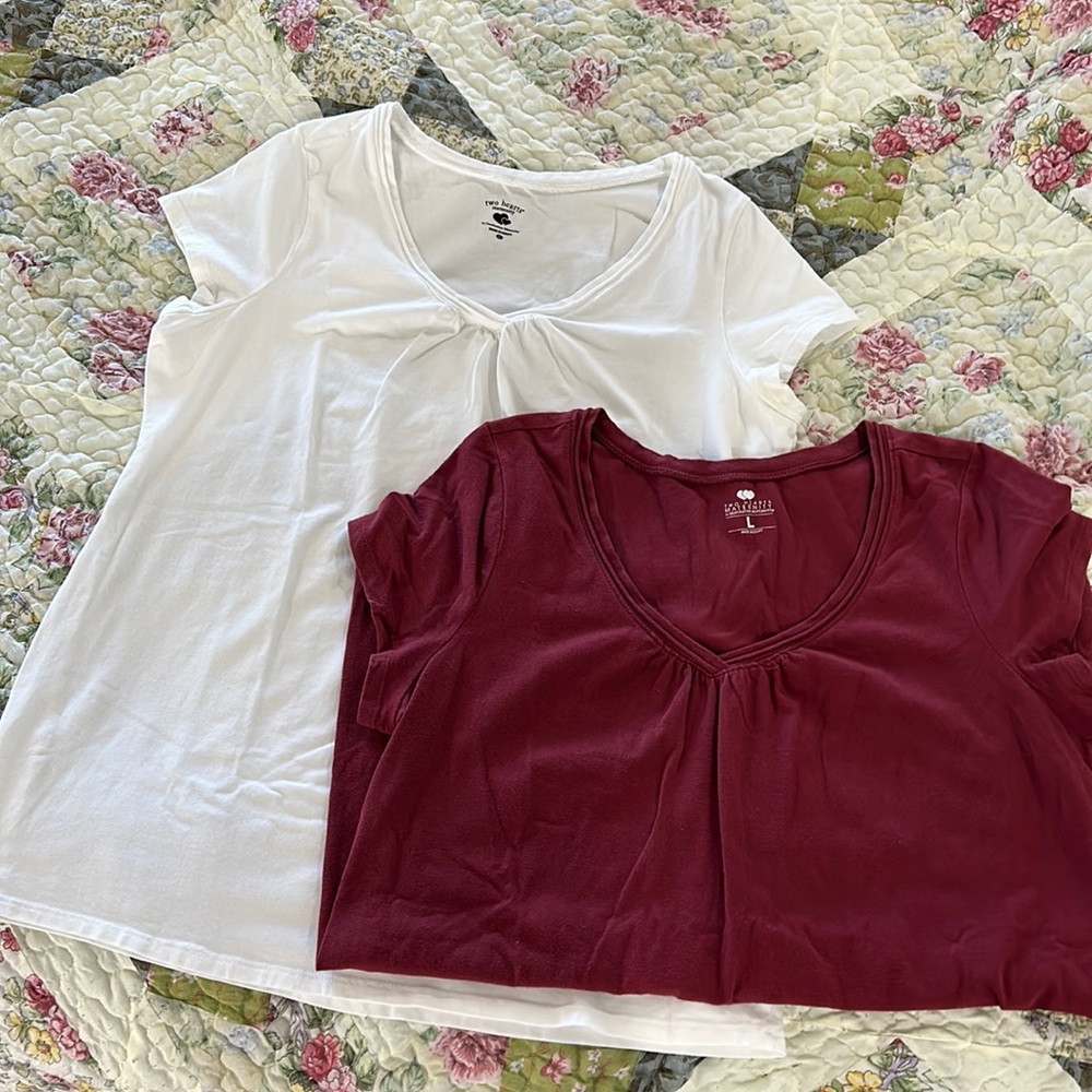 Burgundy and White Maternity V-neck tops